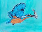 Schilderij kleurrijke ijsvogel vangt visje in acryl canvas, Ophalen of Verzenden