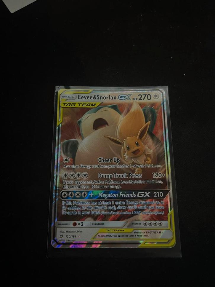 Eevee & Snorlax GX Tag Team 120/181 (Beschadigd), Hobby en Vrije tijd, Verzamelkaartspellen | Pokémon, Gebruikt, Losse kaart, Ophalen of Verzenden