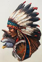 Indiaan en wolf relief reclamebord van metaal wandbord deco, Huis en Inrichting, Woonaccessoires | Wanddecoraties, Info@deconoord.nl