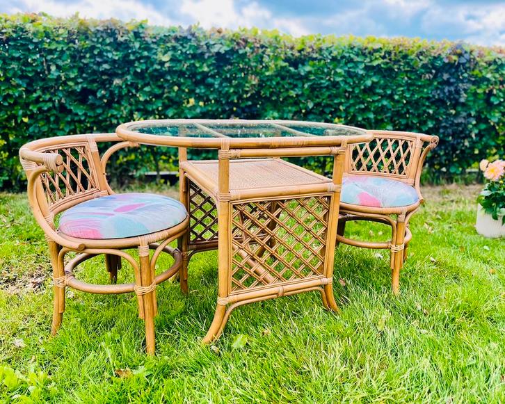 Eettafel eetkamertafel bamboe rotan set met tafel en stoelen, Huis en Inrichting, Complete eetkamers, Zo goed als nieuw, Minder dan 4 stoelen
