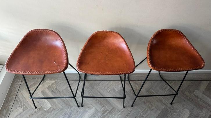 Set van 3 leren barkrukken, Huis en Inrichting, Barkrukken, Gebruikt, 60 tot 90 cm, Leer, 3 krukken, Met voetsteun, Ophalen