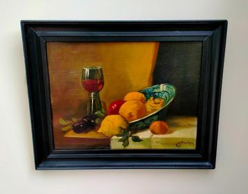 Antiek Paneel Schilderij - Stilleven - Gesign - Zwarte Lijst beschikbaar voor biedingen