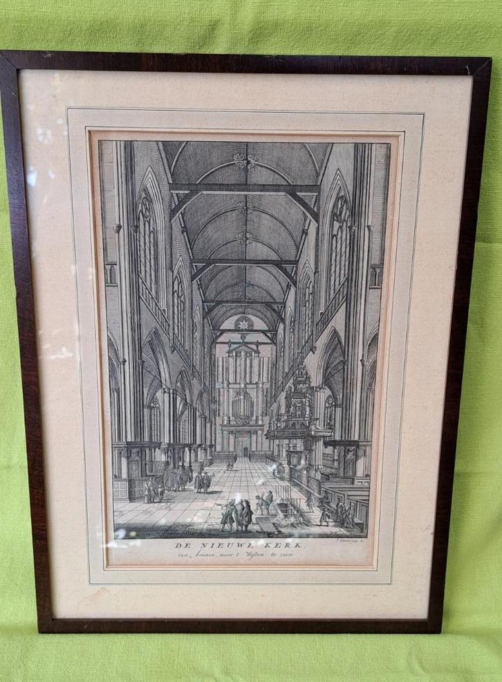 oude kopergravure prent Nieuwe Kerk Amsterdam uit 1765, Antiek en Kunst, Kunst | Etsen en Gravures, Ophalen of Verzenden