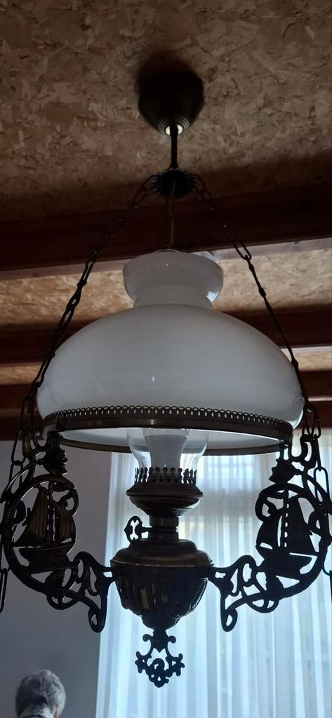Antieke hanglamp met scheepsmotieven, Huis en Inrichting, Lampen | Hanglampen, Gebruikt, 50 tot 75 cm, Glas, Metaal, Ophalen of Verzenden