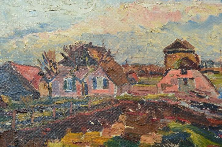 Olieverf op doek: boerderijtje (in Engeland?), Antiek en Kunst, Kunst | Schilderijen | Klassiek, Ophalen of Verzenden