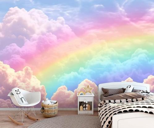 Fotobehang / Behang - Kinderkamer - Vrolijke Regenboogwereld, Huis en Inrichting, Stoffering | Behang, Blauw, Wit, Geel, Oranje
