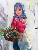 Jeune femme avec un panier de fleurs. Sign. Olie/doek., Ophalen