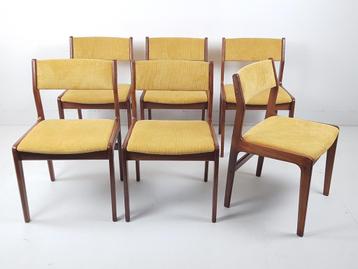 6 vintage dining chairs Danish teak yellow | gele stof  beschikbaar voor biedingen