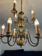 Antieke dubbele messing kroonluchter, Huis en Inrichting, Lampen | Kroonluchters, Ophalen, Zo goed als nieuw, Glas