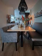 Lichteiken eettafel met stalen kruispoot, Ophalen of Verzenden, Zo goed als nieuw