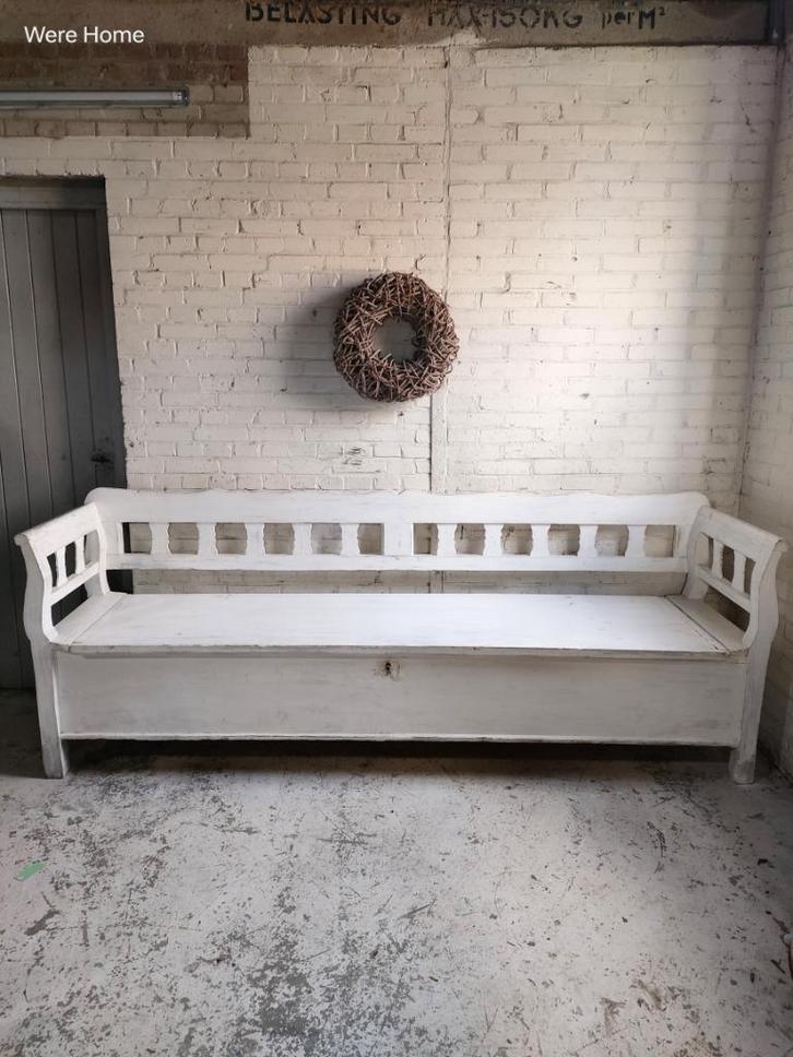 Grote lange oude klepbank wit 250 cm lang, Antiek en Kunst, Curiosa en Brocante, Ophalen of Verzenden