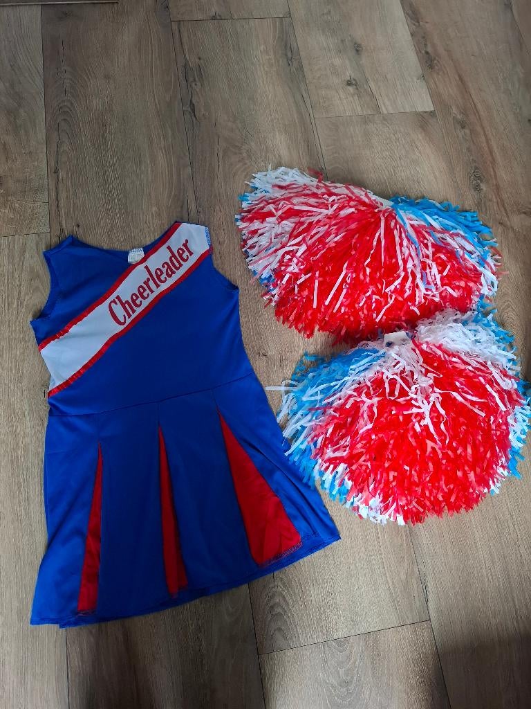 Carnavalskleding cheerleaderjurk maat 140 met pompoms, Ophalen of Verzenden, Zo goed als nieuw, 134 t/m 140, Meisje