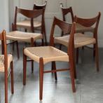 Set teak papercord Deens design eetkamerstoelen restored, Huis en Inrichting, Hout, Vijf, Zes of meer stoelen, Ophalen of Verzenden