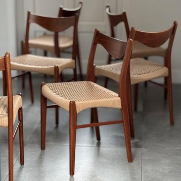 Set teak papercord Deens design eetkamerstoelen restored