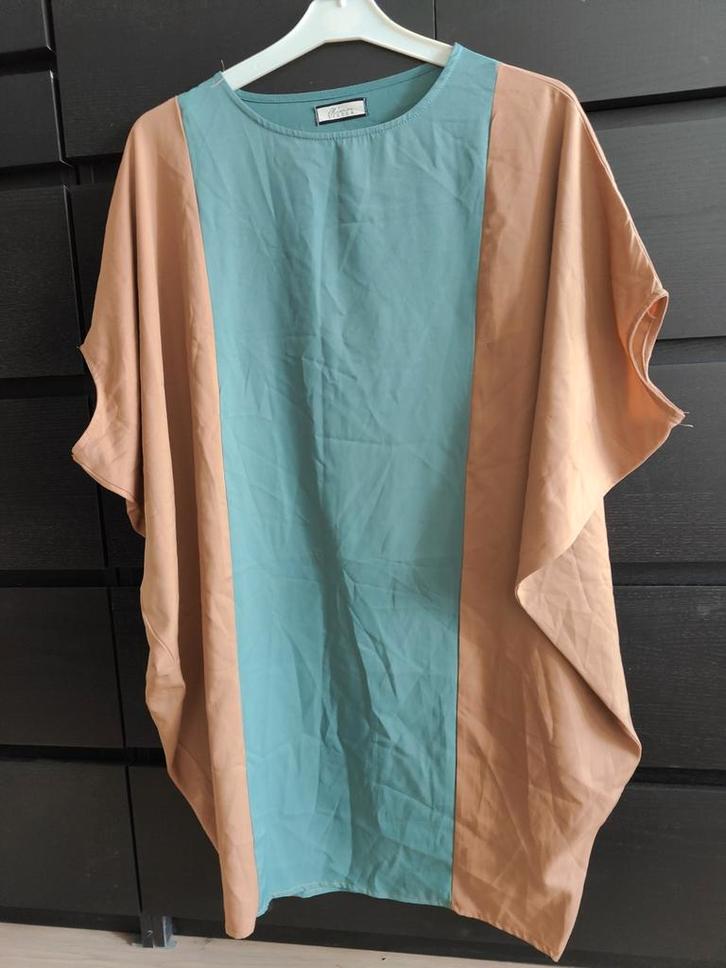 Color blocking tuniek L casual oversized petrol camel, Kleding | Dames, Blouses en Tunieken, Zo goed als nieuw, Maat 42/44 (L)