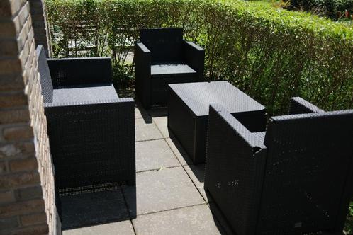 Complete tuinset | Tuinbank, 2 stoelen + tafel met kussens, Tuin en Terras, Tuinsets en Loungesets, Gebruikt, Kunststof, Bank