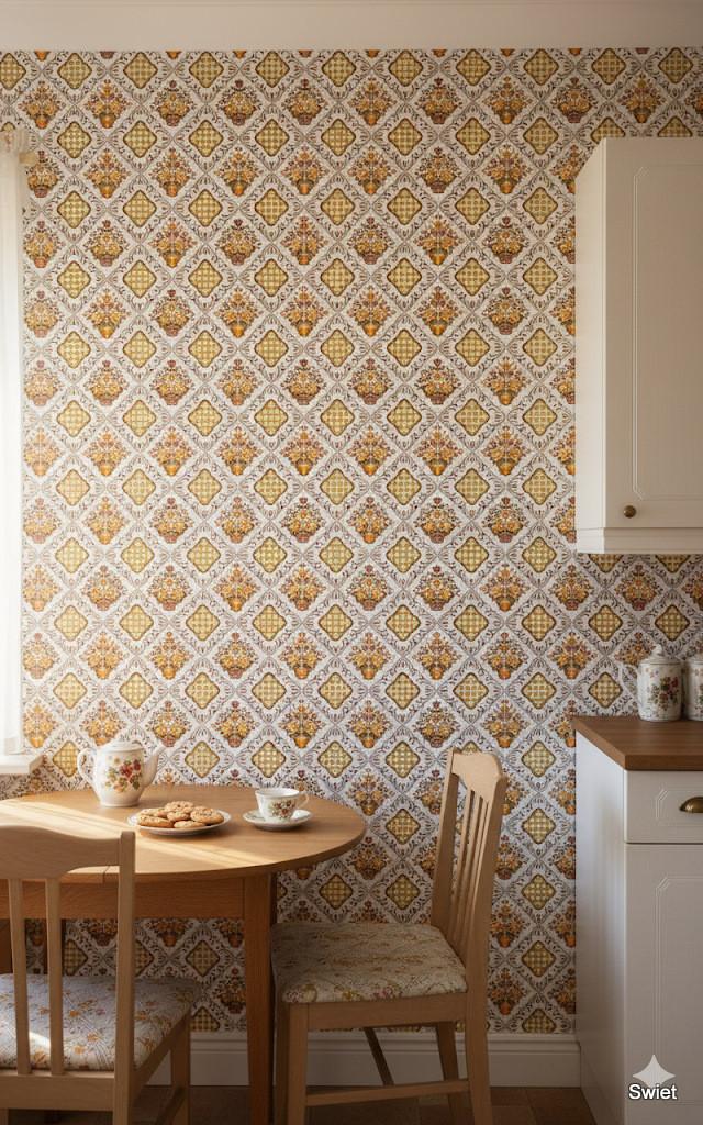 14158 Bloemenmandjes vintage behang oker retro swiet, Verzenden, 75 m² of meer, Wit