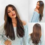 Swiss lace front pruik lang donkerbruin haar met highlights, Verzenden, Nieuw, Pruik of Haarverlenging