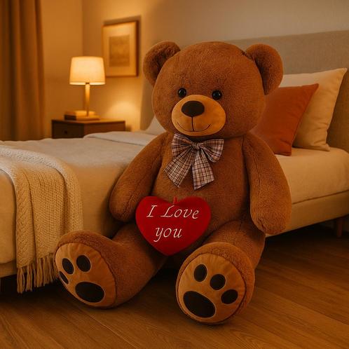 Knuffelbeer XXL 150cm – Bruin – I Love You Hart, Kinderen en Baby's, Speelgoed | Knuffels en Pluche, Nieuw, Beer, Ophalen of Verzenden