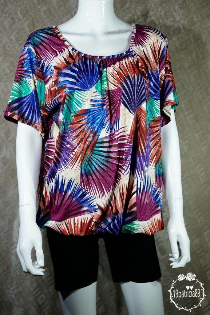 Ballon shirt met elastiek palm blad paars/ blauw 42 t/m 48 n, Kleding | Dames, T-shirts, Nieuw, Maat 42/44 (L), Blauw, Korte mouw