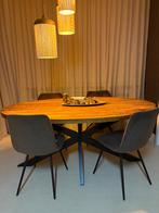 Mangohout Ovale eettafel 160cm + 4 velvet eetstoelen, Ophalen, Gebruikt, 50 tot 100 cm, 150 tot 200 cm