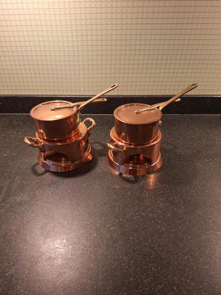 2 kleine koperen Rechaud van Mauviel met 2 pannetjes, Huis en Inrichting, Keuken | Potten en Pannen, Zo goed als nieuw, Overige typen