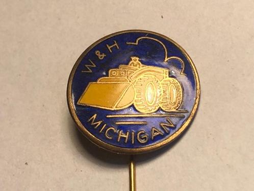 Emaille W & H MICHIGAN Bulldozermerk Speld (Blauw/Geel)., Verzamelen, Speldjes, Pins en Buttons, Zo goed als nieuw, Speldje of Pin
