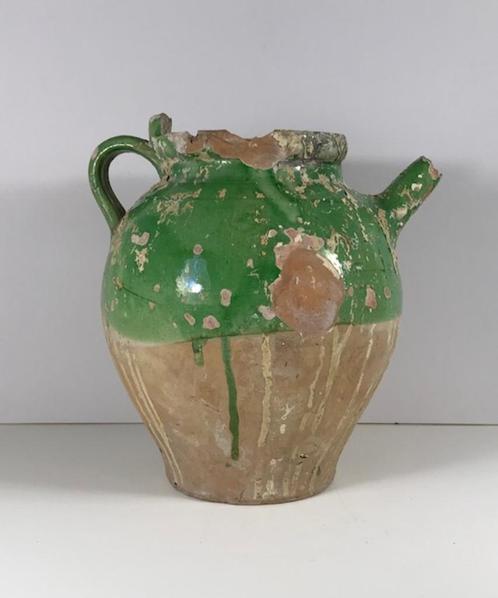 Antieke Franse gargoulette groen / geel uit de Provence, Antiek en Kunst, Antiek | Keramiek en Aardewerk, Ophalen of Verzenden