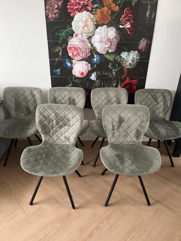 Set van 6 Kwantum Lucca Eetkamerstoelen Legergroen Velvet, Huis en Inrichting, Stoelen, Gebruikt, Vijf, Zes of meer stoelen, Stof