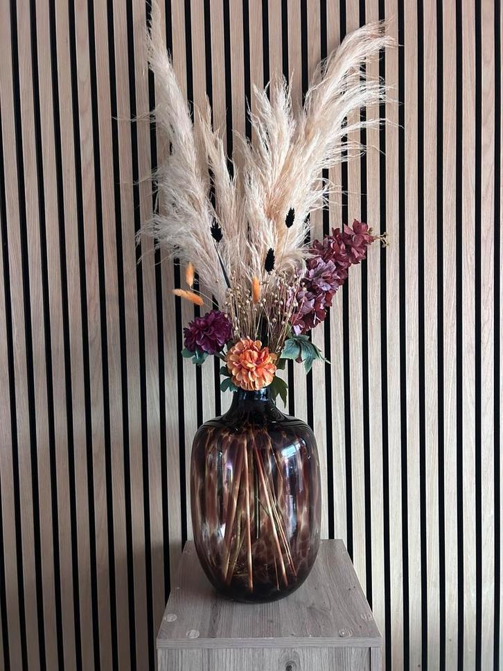 Pantervazen met pampas en kunstbloemen., Huis en Inrichting, Woonaccessoires | Droogbloemen, Nieuw, Ophalen