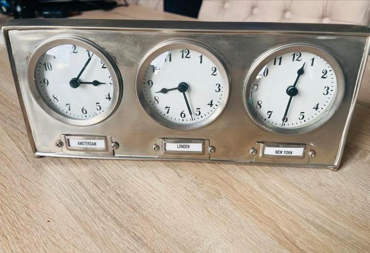 Vintage Wereldtijden Klok - Amsterdam, Londen, New York, Antiek en Kunst, Antiek | Klokken, Ophalen of Verzenden
