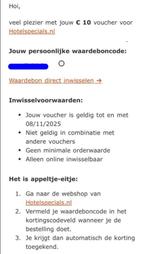 Hotelspecials kortings voucher t.w.v 10 euro waardebon, Eén persoon, Kortingsbon