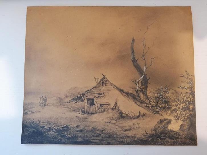 Potlood / houtskooltekening op papier, Antiek en Kunst, Kunst | Tekeningen en Foto's, Ophalen