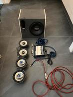 Subwoofer met versterker en kabelkit  + 4 speakers, Auto diversen, Autospeakers, Ophalen, Gebruikt