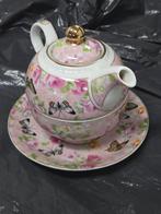 Theepot met kop en schotel - Bloemen & Vlinders, Ophalen of Verzenden, Zo goed als nieuw, Overige stijlen, Kop(pen) en/of Schotel(s)