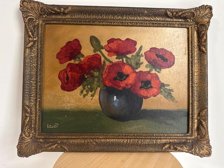 Schilderij met klaprozen in vaas, Antiek en Kunst, Kunst | Schilderijen | Klassiek, Ophalen of Verzenden