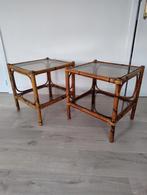 2 vintage bamboe glas tafeltjes, Minder dan 55 cm, Ophalen, 45 tot 60 cm, Glas