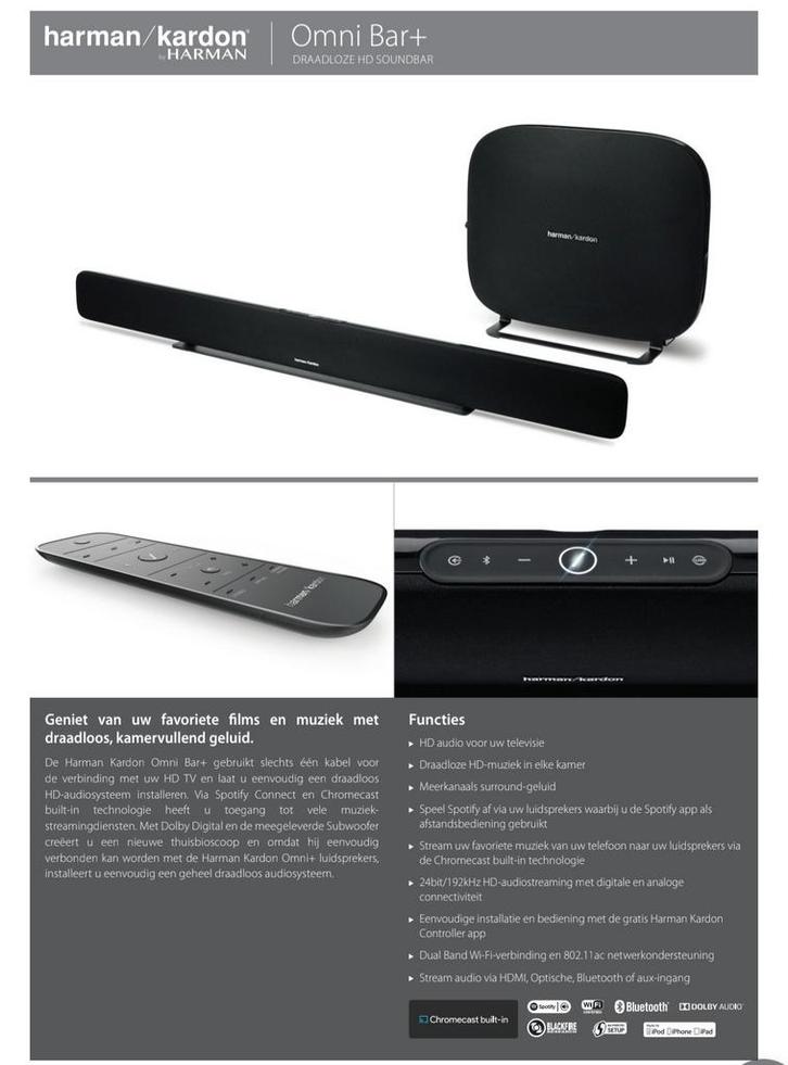 Harman Kardon Omni Bar+ Soundbar met Subwoofer, Audio, Tv en Foto, Soundbars, Zo goed als nieuw, Bluetooth, Met externe subwoofer
