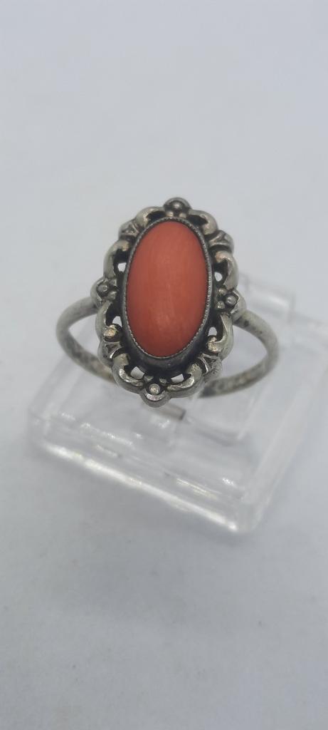 Zilveren Ring met Bloedkoraal - Maat 16, Sieraden, Tassen en Uiterlijk, Ringen, Gebruikt, Dame, Kleiner dan 17, Rood, Zilver, Met edelsteen