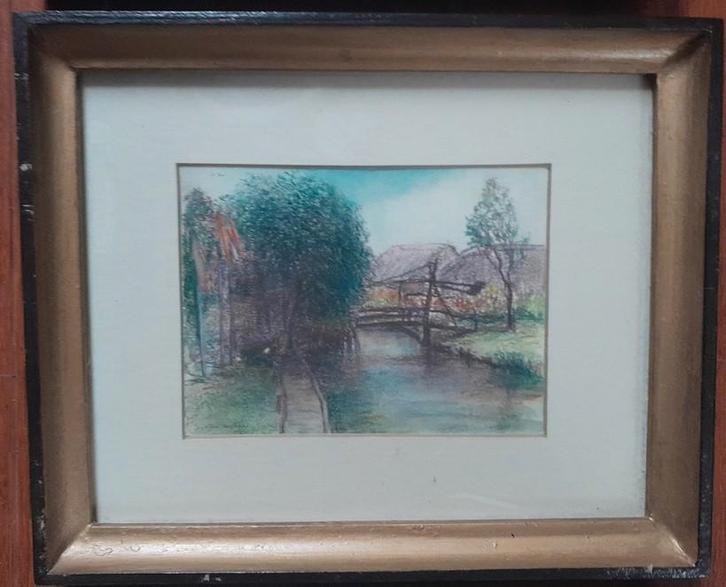 Ophaalbrug in Giethoorn. Pastel schilderijtje, Antiek en Kunst, Kunst | Schilderijen | Klassiek, Ophalen