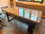 Glazen eettafel 200x110cm met uniek houten frame, Antiek en Kunst, Ophalen of Verzenden