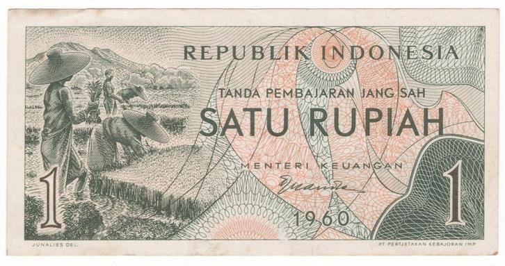 24-2374 Indonesia 1 rupiah 1960, Postzegels en Munten, Bankbiljetten | Azië, Los biljet, Zuidoost-Azië, Verzenden