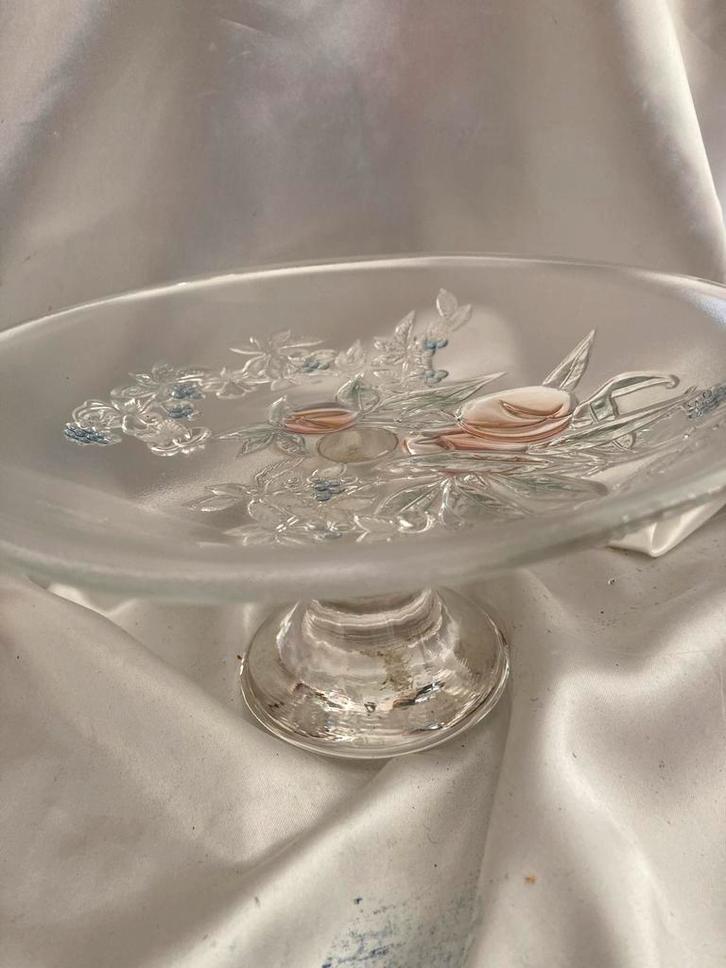 Vintage Walther Glass Taartschaal Duitsland Bloemen Fruit, Antiek en Kunst, Antiek | Schalen, Ophalen of Verzenden
