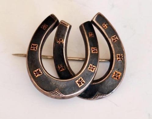 Antieke 19e eeuwse  Niello zilveren broche hoefijzer, Sieraden, Tassen en Uiterlijk, Antieke sieraden, Broche, Zilver, Verzenden