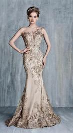 Elegante champagne kleurige trouwjurk / avondjurk, Maat 38/40 (M), Beige, Ophalen of Verzenden, Onder de knie