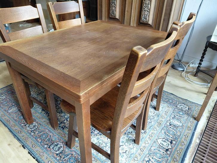 eetkamerset tafel uitschuifbaar 4 stoelen zadelzit eikenhout, Huis en Inrichting, Complete eetkamers, Gebruikt, 4 tot 6 stoelen