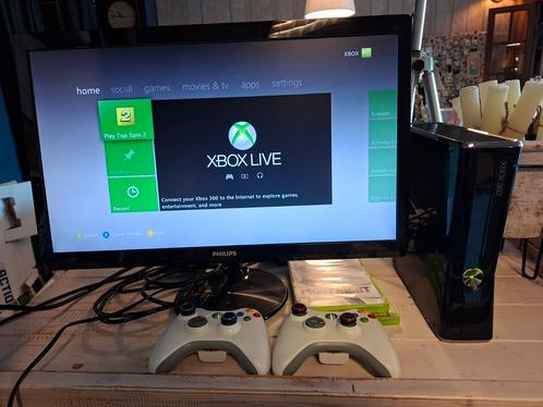 Xbox 360 slim met scherm en spellen, Spelcomputers en Games, Spelcomputers | Xbox 360, Gebruikt, 250 GB, 360 S, Met 2 controllers