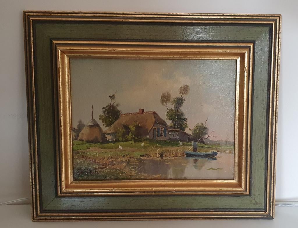 Gesigneerd olieverf op doek boerderij, Antiek en Kunst, Kunst | Schilderijen | Klassiek, Ophalen
