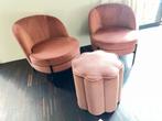 Roze Fluwelen Fauteuils (2 st) + Poef - ZGAN, Ophalen, Minder dan 75 cm, Zo goed als nieuw, Metaal