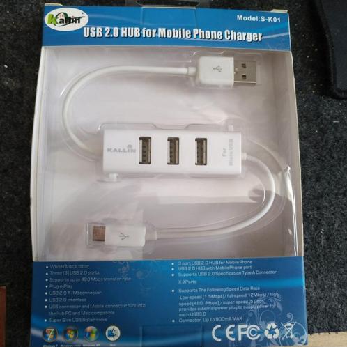 Hub USB 2.0 3-poorts USB-laadkabel, Computers en Software, Dockingstations, Nieuw, USB-hub, Laptop, Tablet, Telefoon, Ophalen of Verzenden